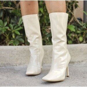 Women Mid Calf Square Toe Heel Boot Off White Color